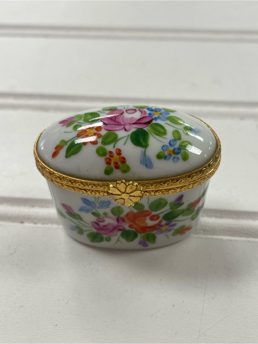 Vintage Limoges France Hand Painted Floral Oval Trinket Box